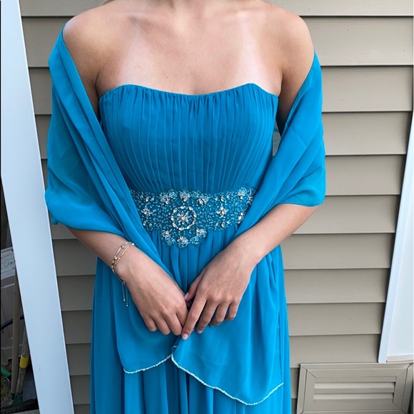 Blue Beaded Strapless Prom Dress or Evening Gown with Shawl Size S - Picture 6 of 10